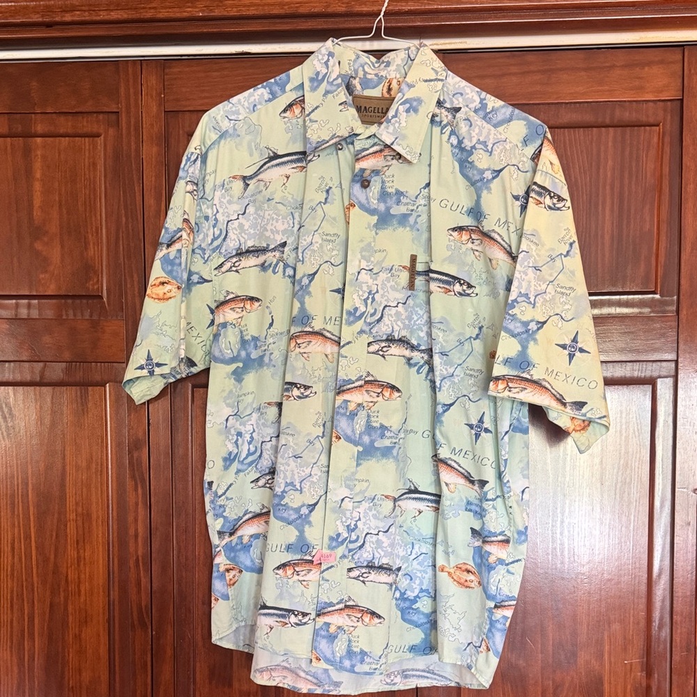 Magellan Green & Blue Fish Pattern Shirt